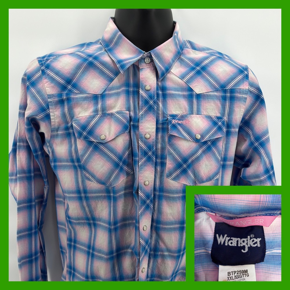 Wrangler Western Shirt Kids XXL Pink Blue Plaid Pearl Snap Long Sleeve BTP259M